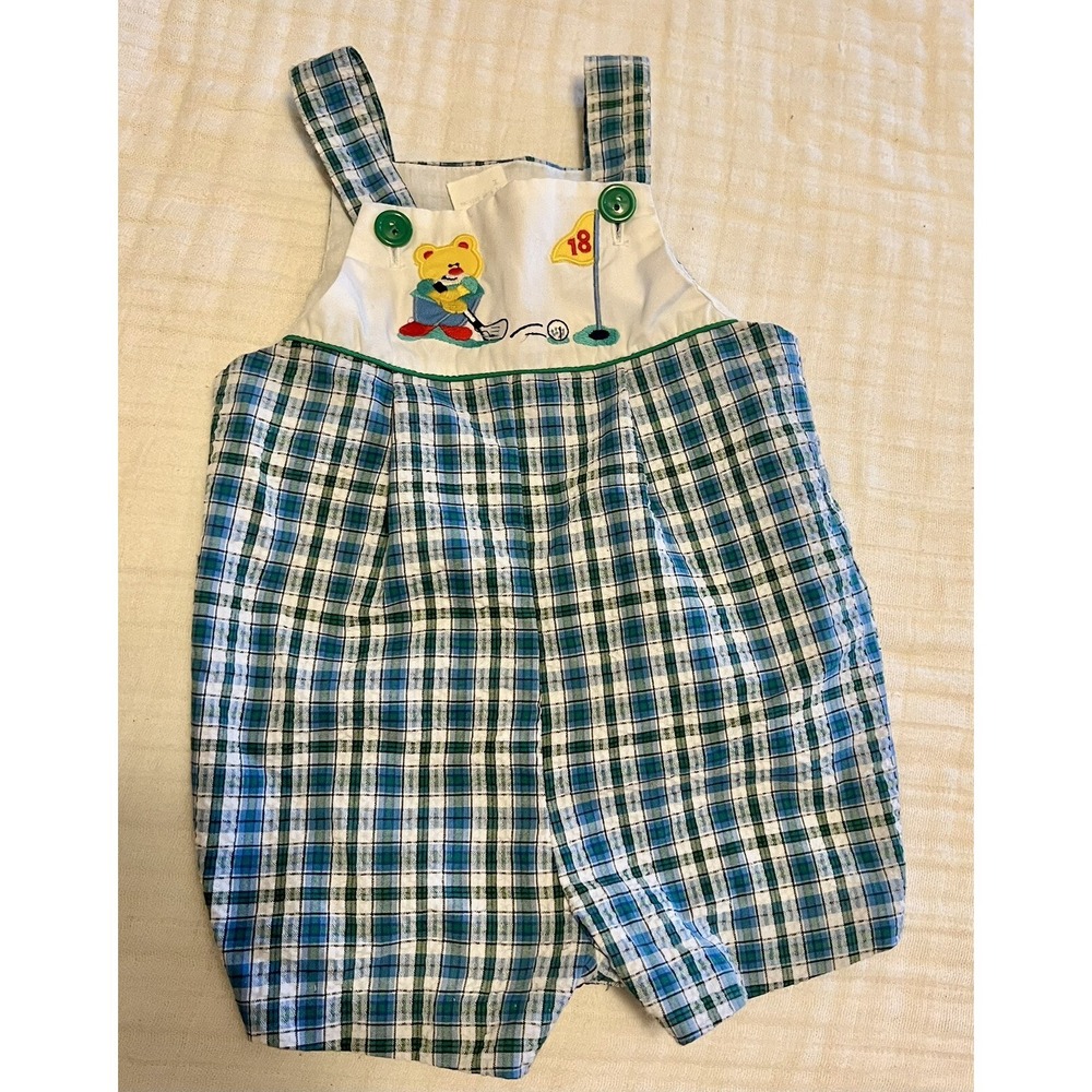 vintage baby Summer Romper 3-6mos Cotton Blend shortalls Golf Plaid retro